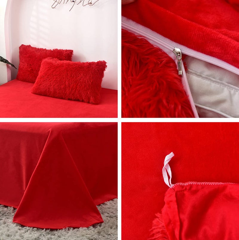 MorroMorn 5 PCS Shaggy Duvet Cover Bedding Set - Long Faux Fur Luxury Ultra Soft (Red, Full/Queen) - Image 4